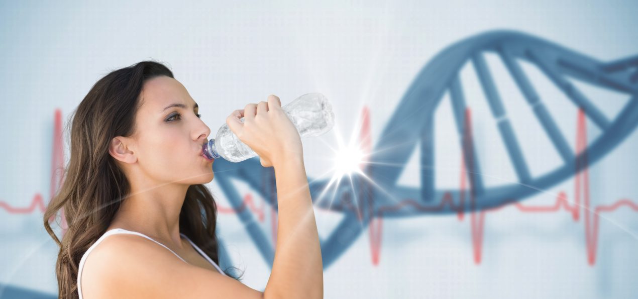 Digital composite of Young woman drinking water against DNA structure
